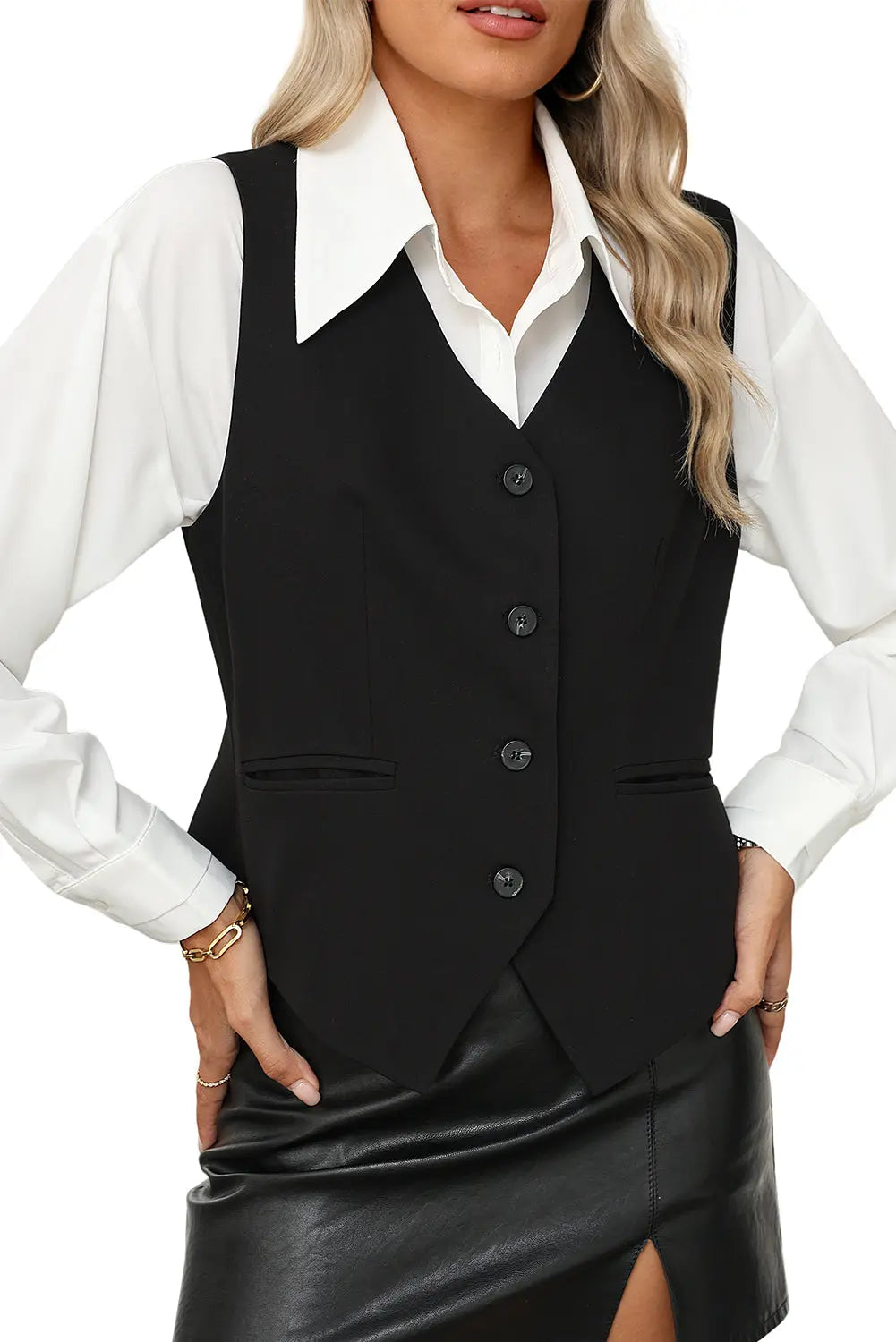 White Solid Color Button up V Neck Suit Vest - eAura