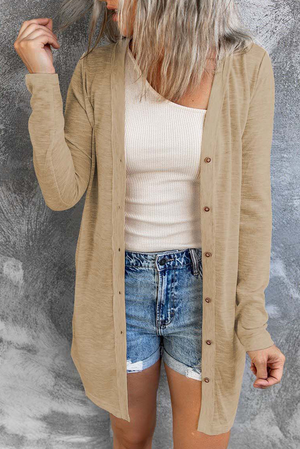 White Solid Colour Open-Front Buttons Cardigan - BROWN / S / 95% POLYESTER + 5% ELASTANE - Sweaters &