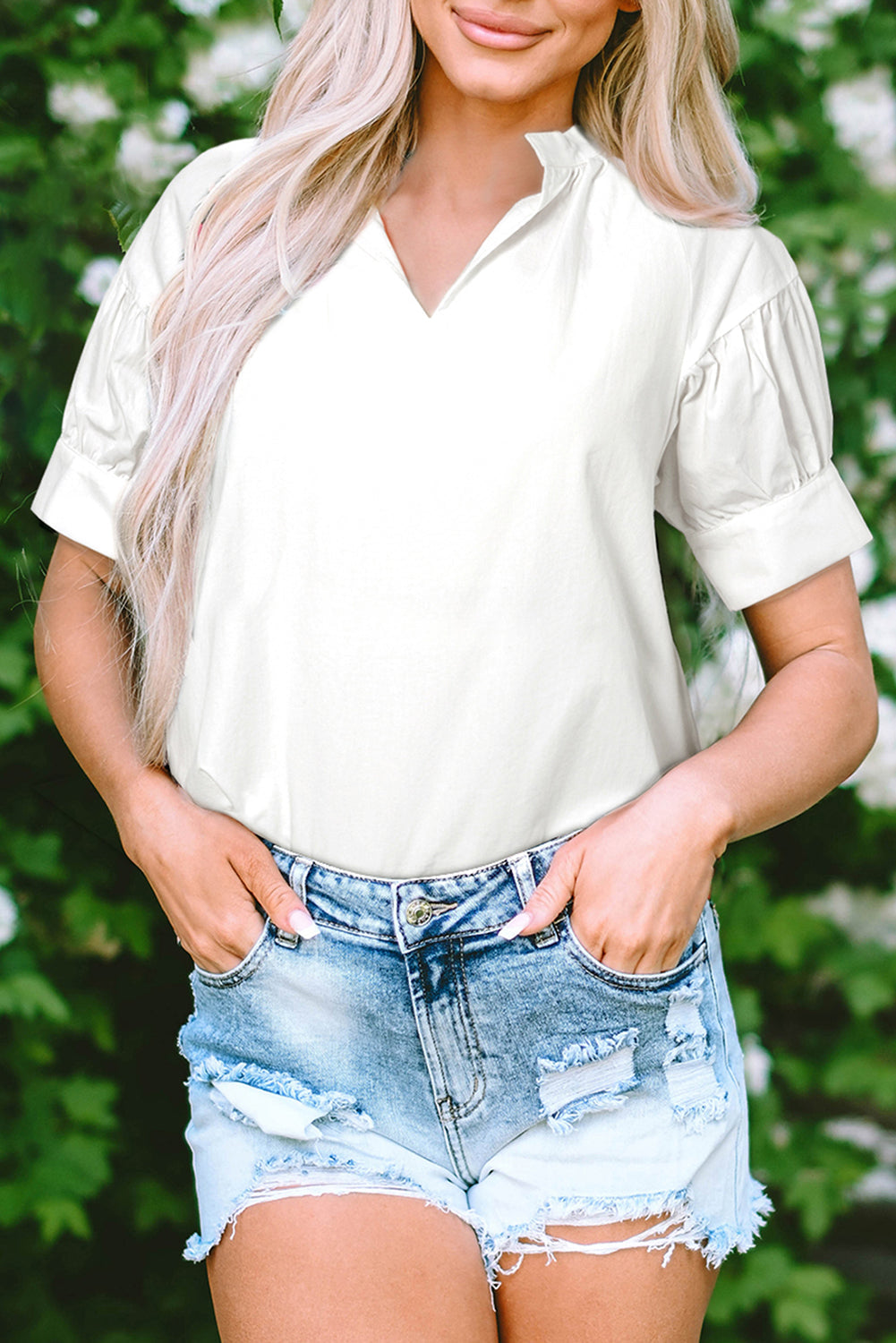 White Solid Colour Ruched Bubble Sleeve V Neck Blouse - eAura