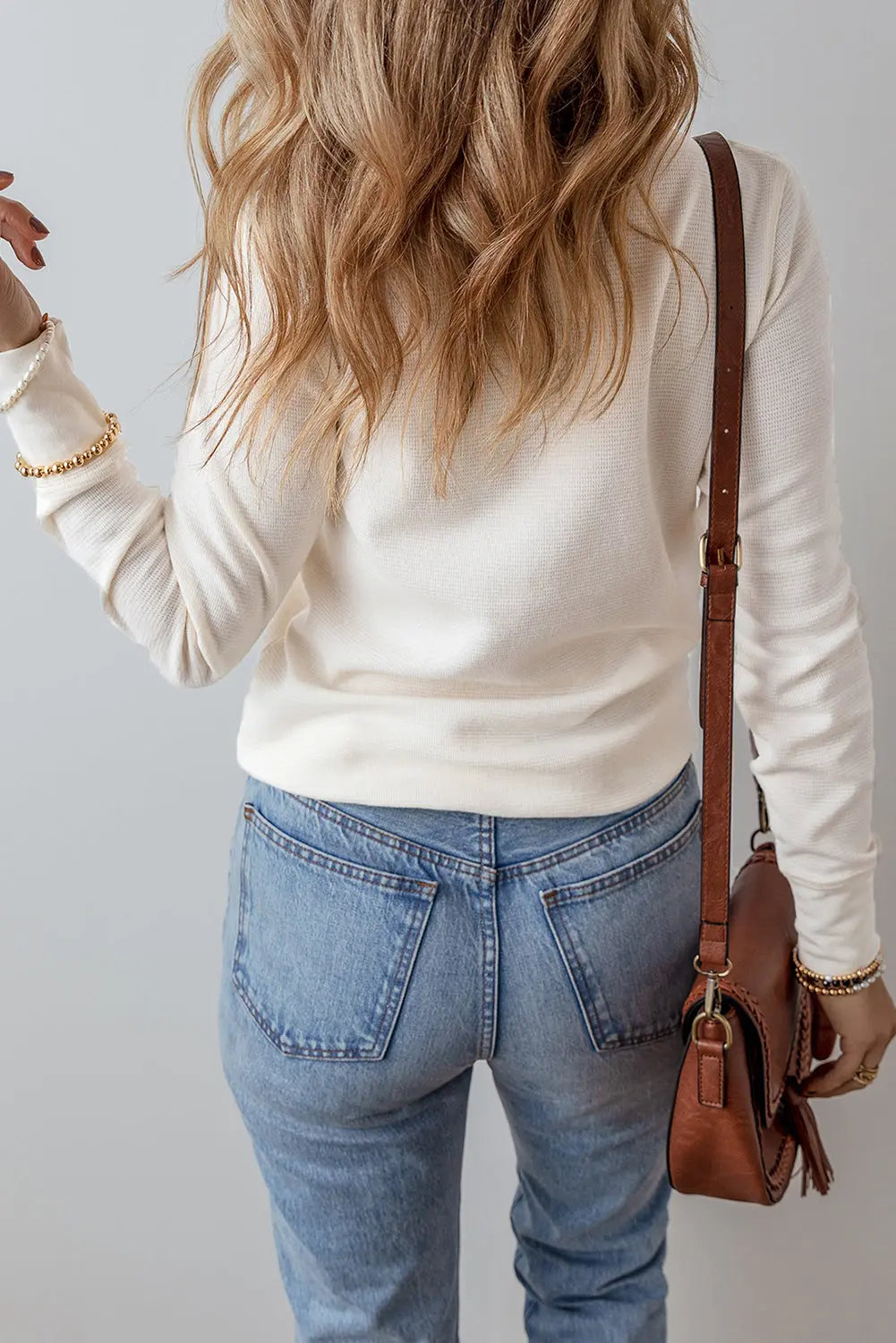 White Solid Colour Waffle Half Button Long Sleeve Top Beagle Boutique Fashion Outlet
