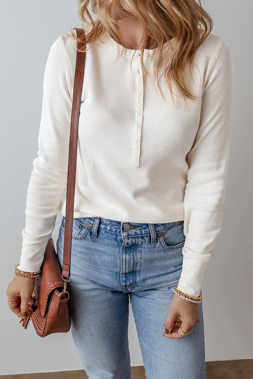 White Solid Colour Waffle Half Button Long Sleeve Top Beagle Boutique Fashion Outlet