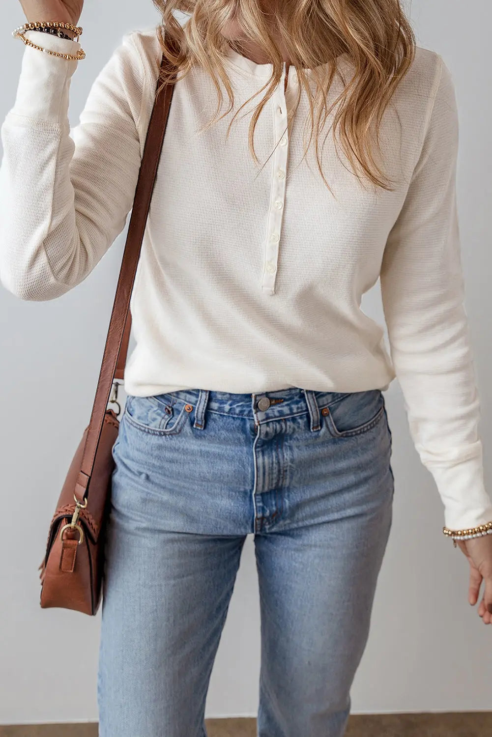 White Solid Colour Waffle Half Button Long Sleeve Top Beagle Boutique Fashion Outlet