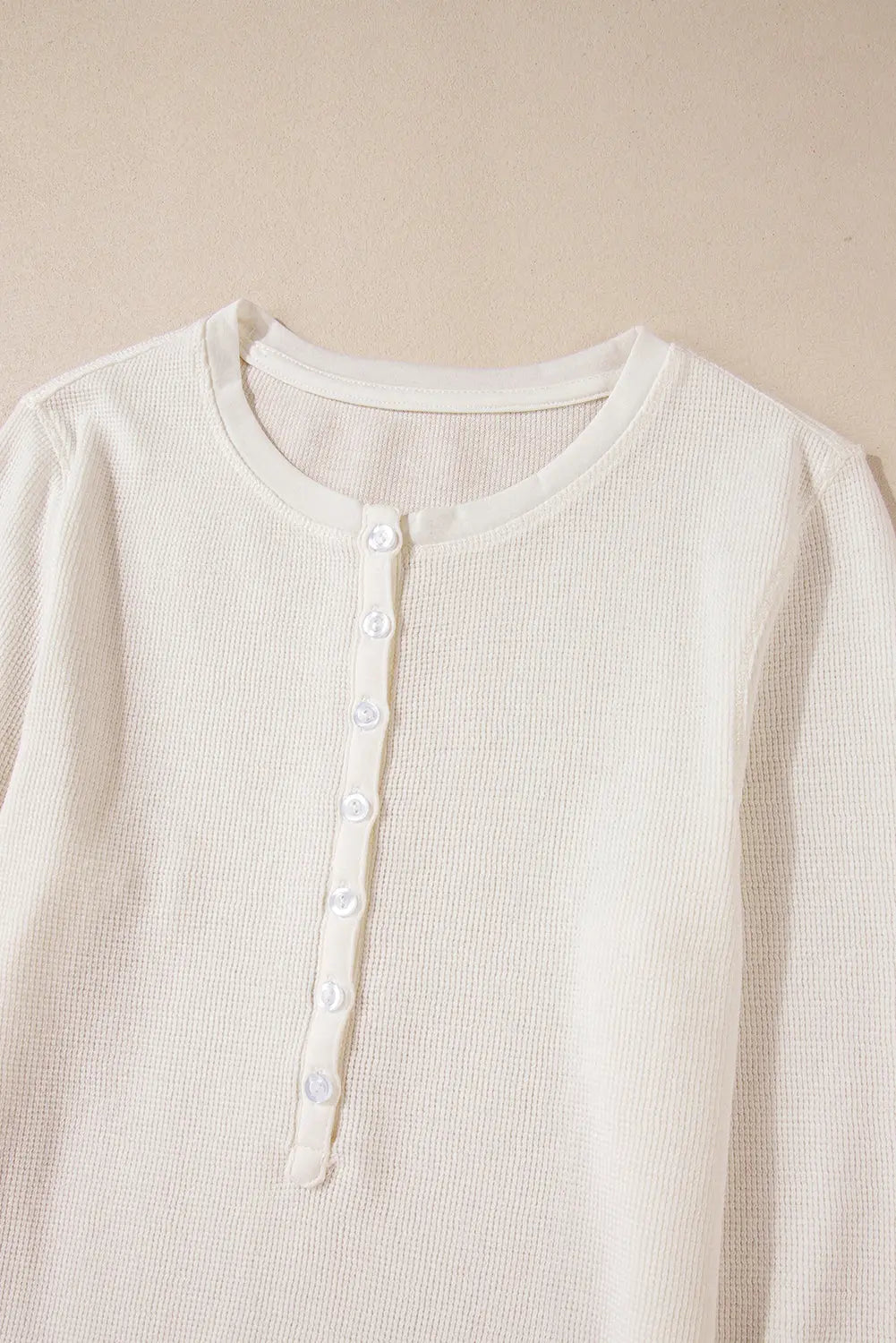 White Solid Colour Waffle Half Button Long Sleeve Top Beagle Boutique Fashion Outlet