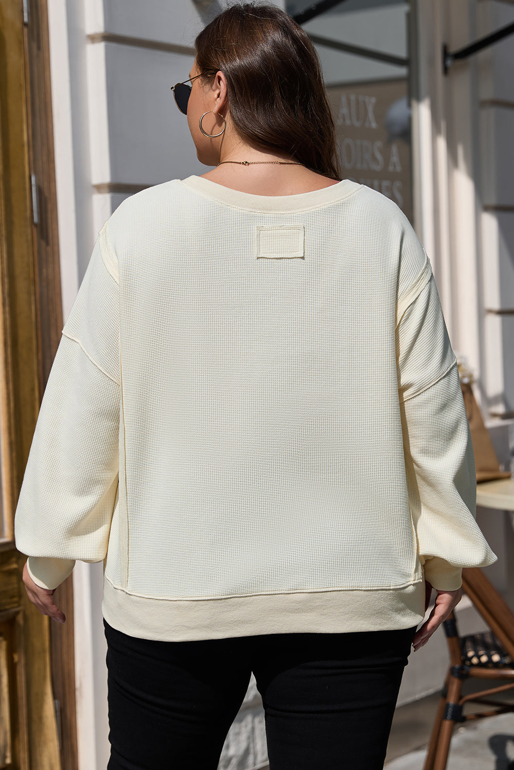 White Solid Colour Waffle Knit Drop Shoulder Plus Size Sweatshirt - eAura