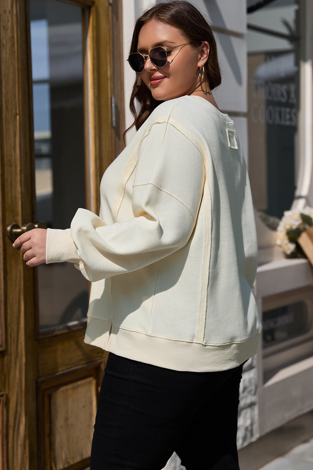 White Solid Colour Waffle Knit Drop Shoulder Plus Size Sweatshirt - eAura