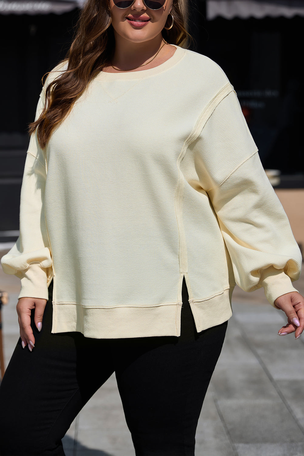 White Solid Colour Waffle Knit Drop Shoulder Plus Size Sweatshirt - eAura