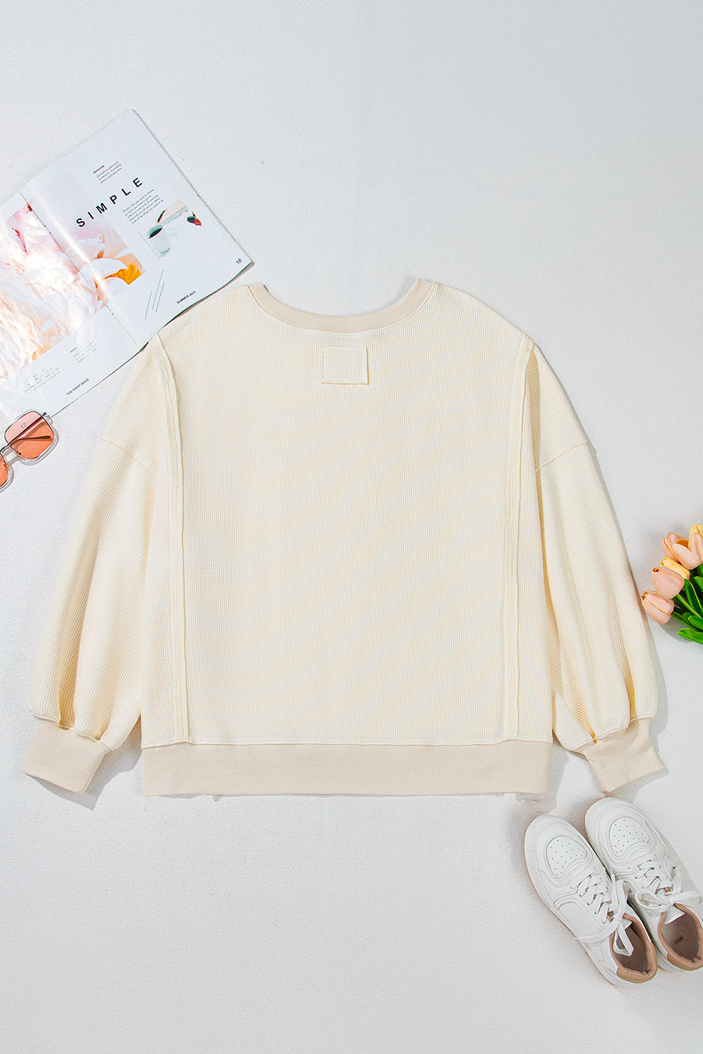 White Solid Colour Waffle Knit Drop Shoulder Plus Size Sweatshirt - eAura