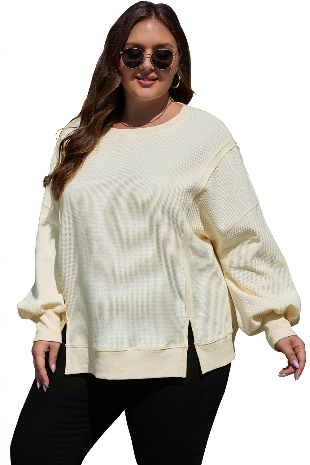 White Solid Colour Waffle Knit Drop Shoulder Plus Size Sweatshirt - eAura