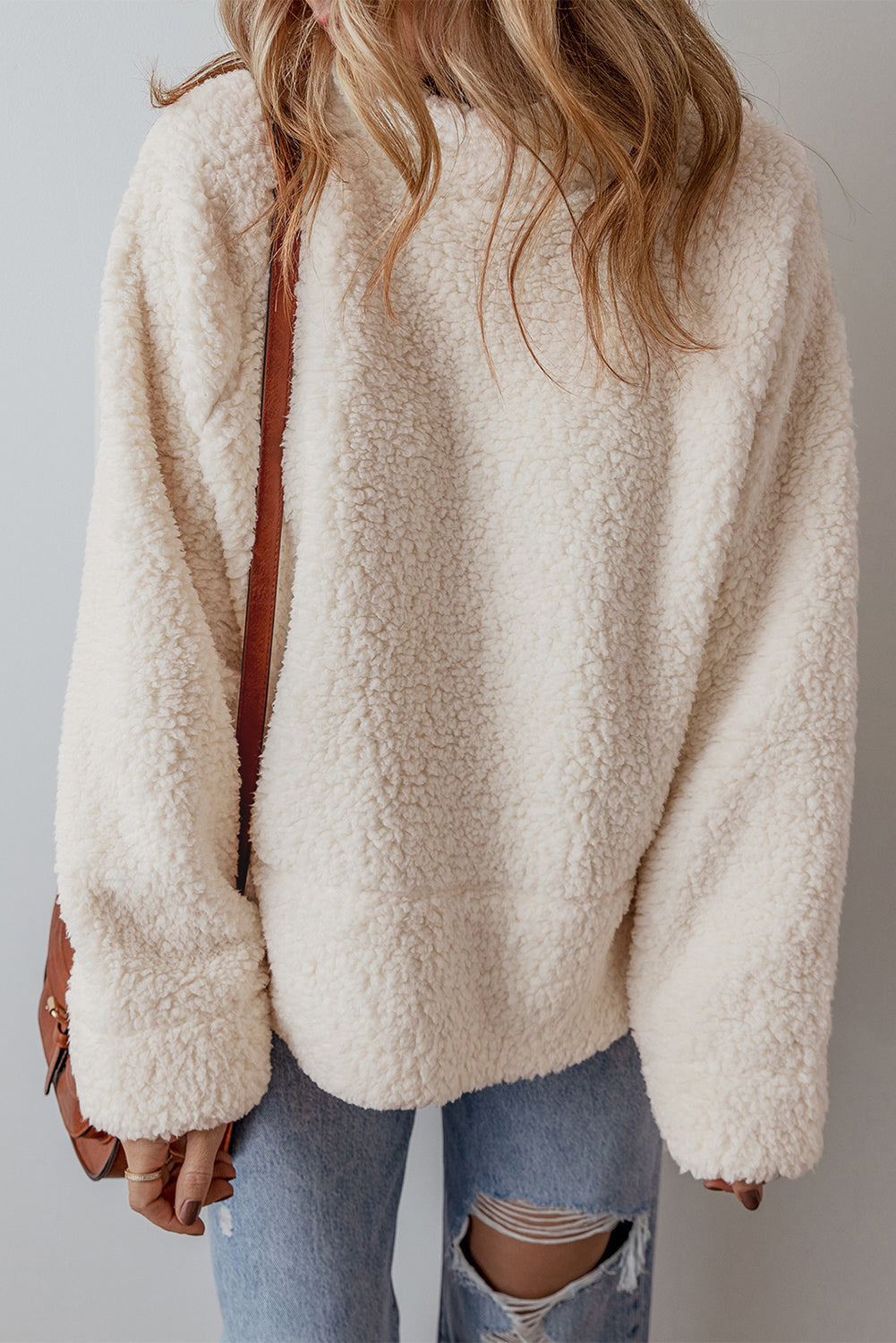 White Solid Fleece High Neck Drop Shoulder Pullover Sweatshirt - Tops/Sweatshirts & Hoodies