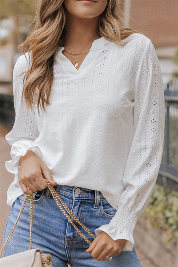 White Split Neck Textured Loose Blouse - eAura