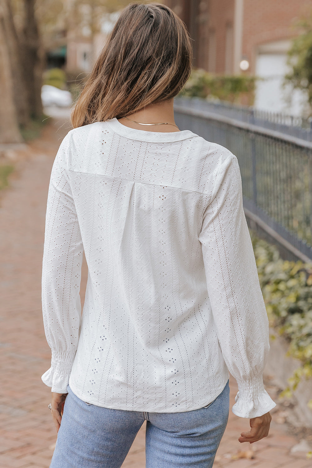 White Split Neck Textured Loose Blouse - eAura