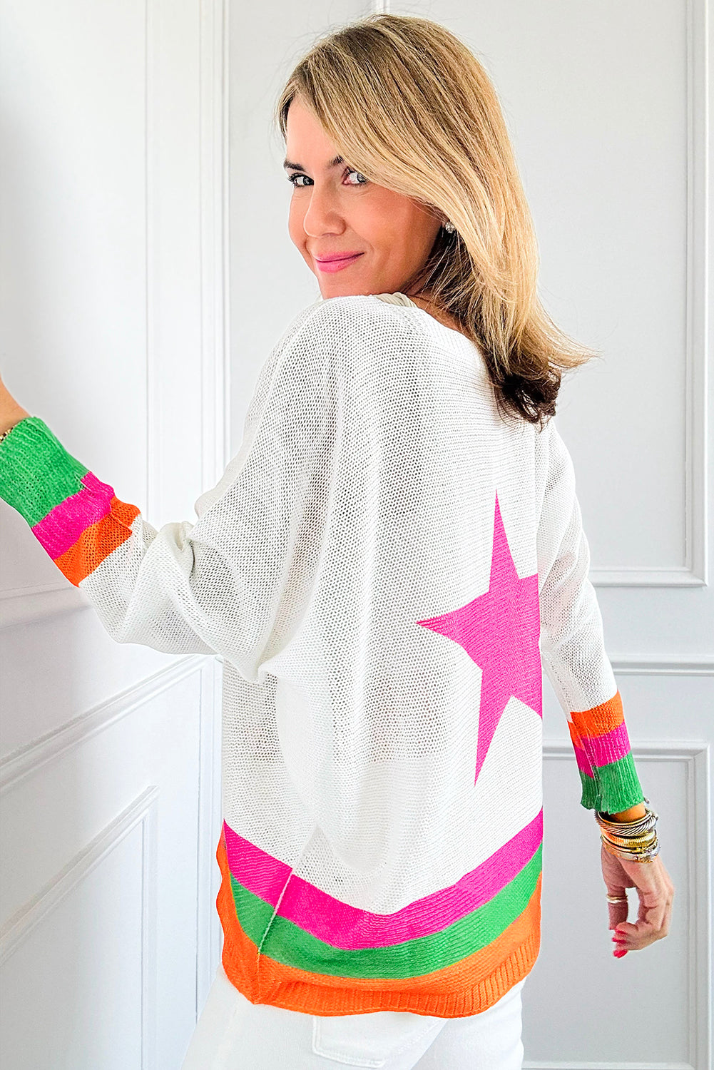 White Star Pattern Colourblock Striped Edge Drop Shoulder Sweater - eAura