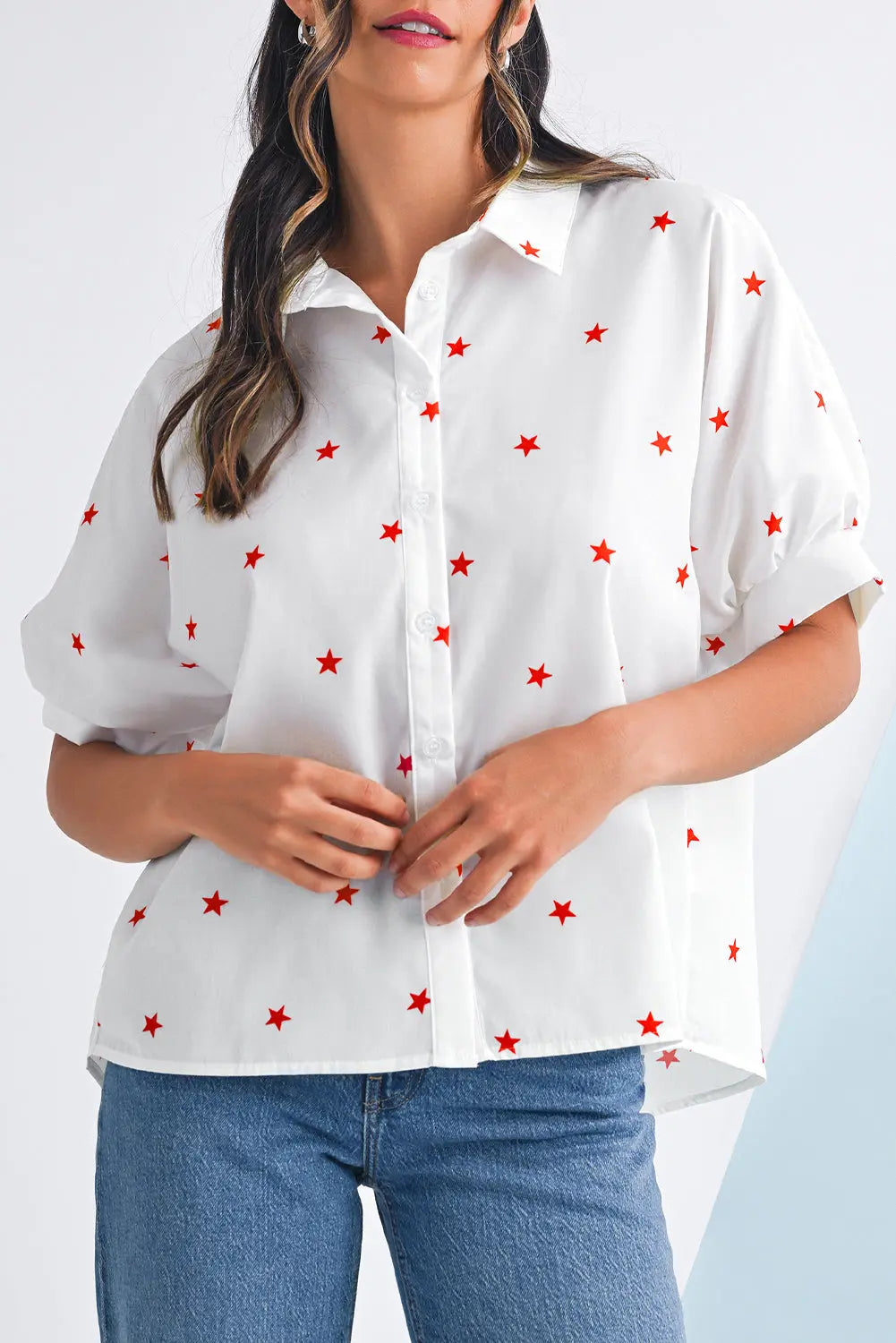 White Stars Half Puff Sleeve Loose Shirt - eAura