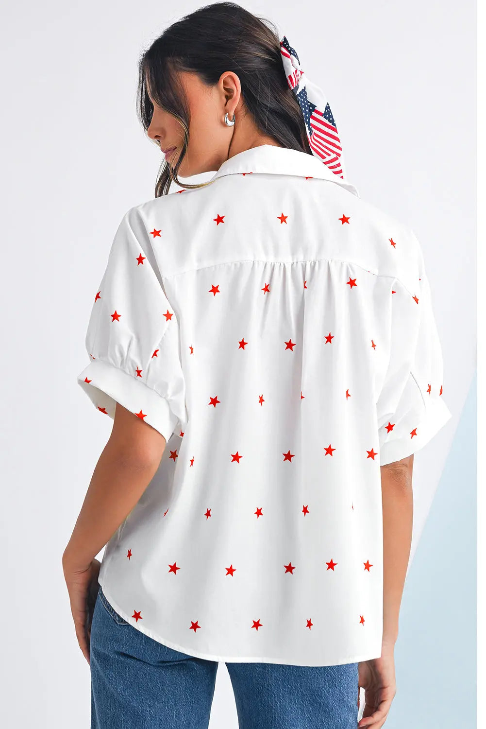 White Stars Half Puff Sleeve Loose Shirt - eAura