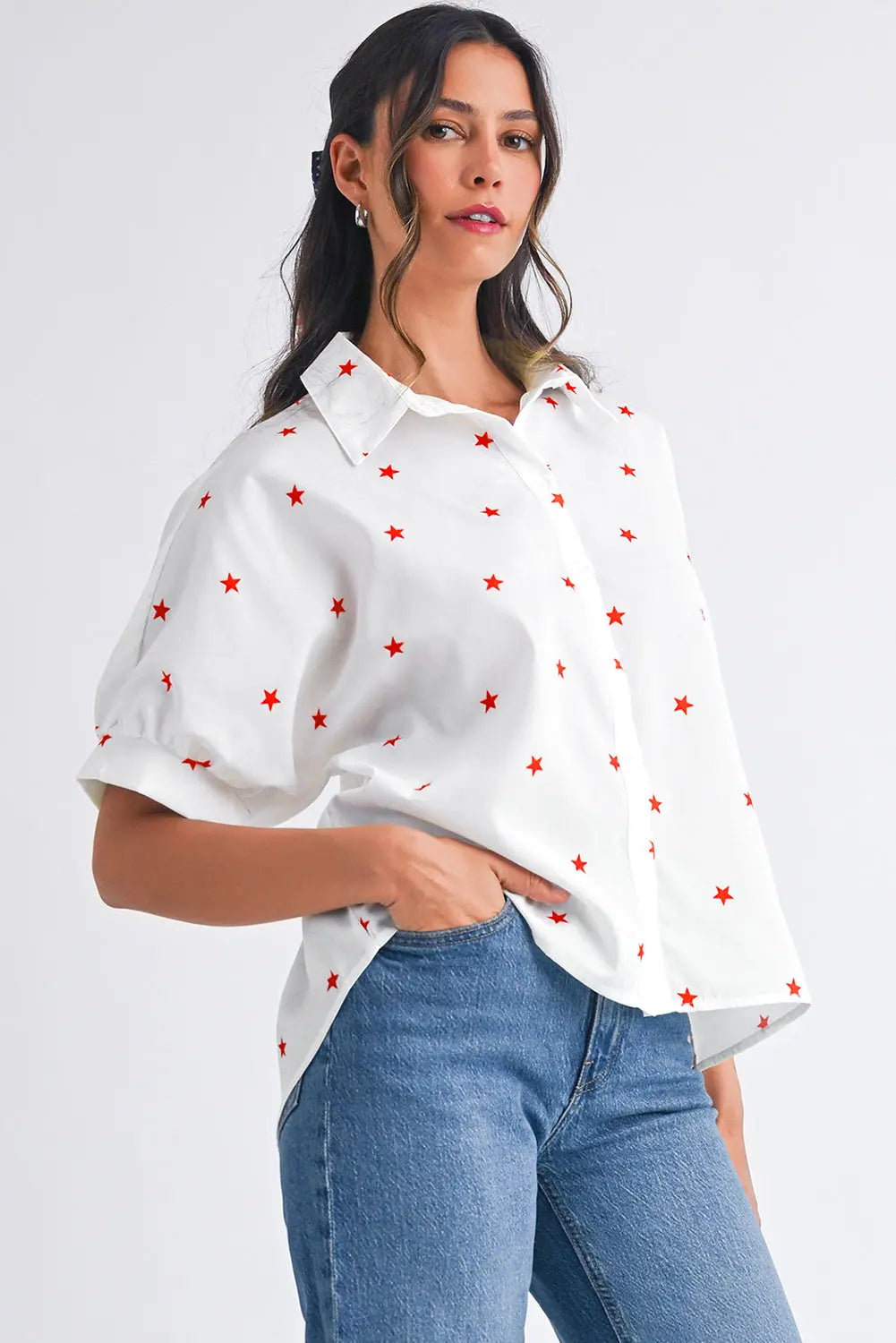 White Stars Half Puff Sleeve Loose Shirt - eAura