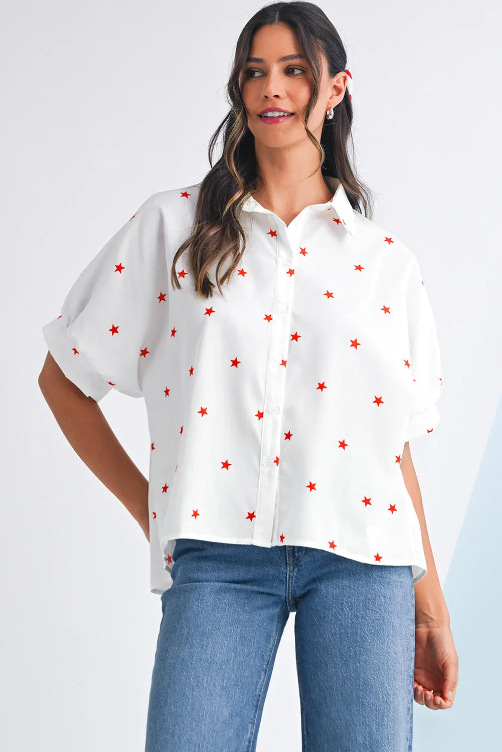 White Stars Half Puff Sleeve Loose Shirt - eAura