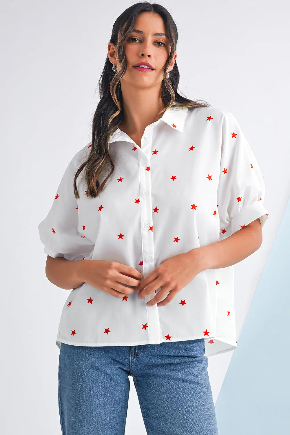 White Stars Half Puff Sleeve Loose Shirt - eAura
