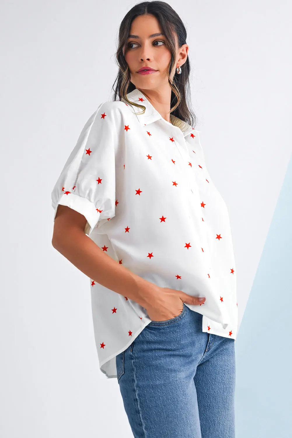 White Stars Half Puff Sleeve Loose Shirt - eAura