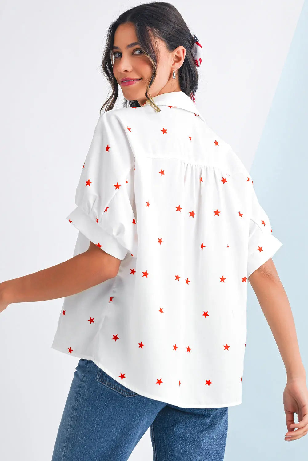 White Stars Half Puff Sleeve Loose Shirt - eAura