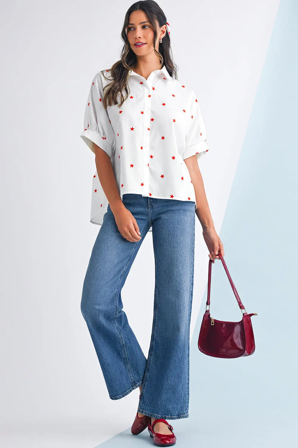 White Stars Half Puff Sleeve Loose Shirt - eAura