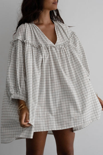 White Stripe Checkered Frilled V Neck Bracelet Sleeve Babydoll Dress - WHITE STRIPE / S / 60% COTTON + 40% VISCOSE