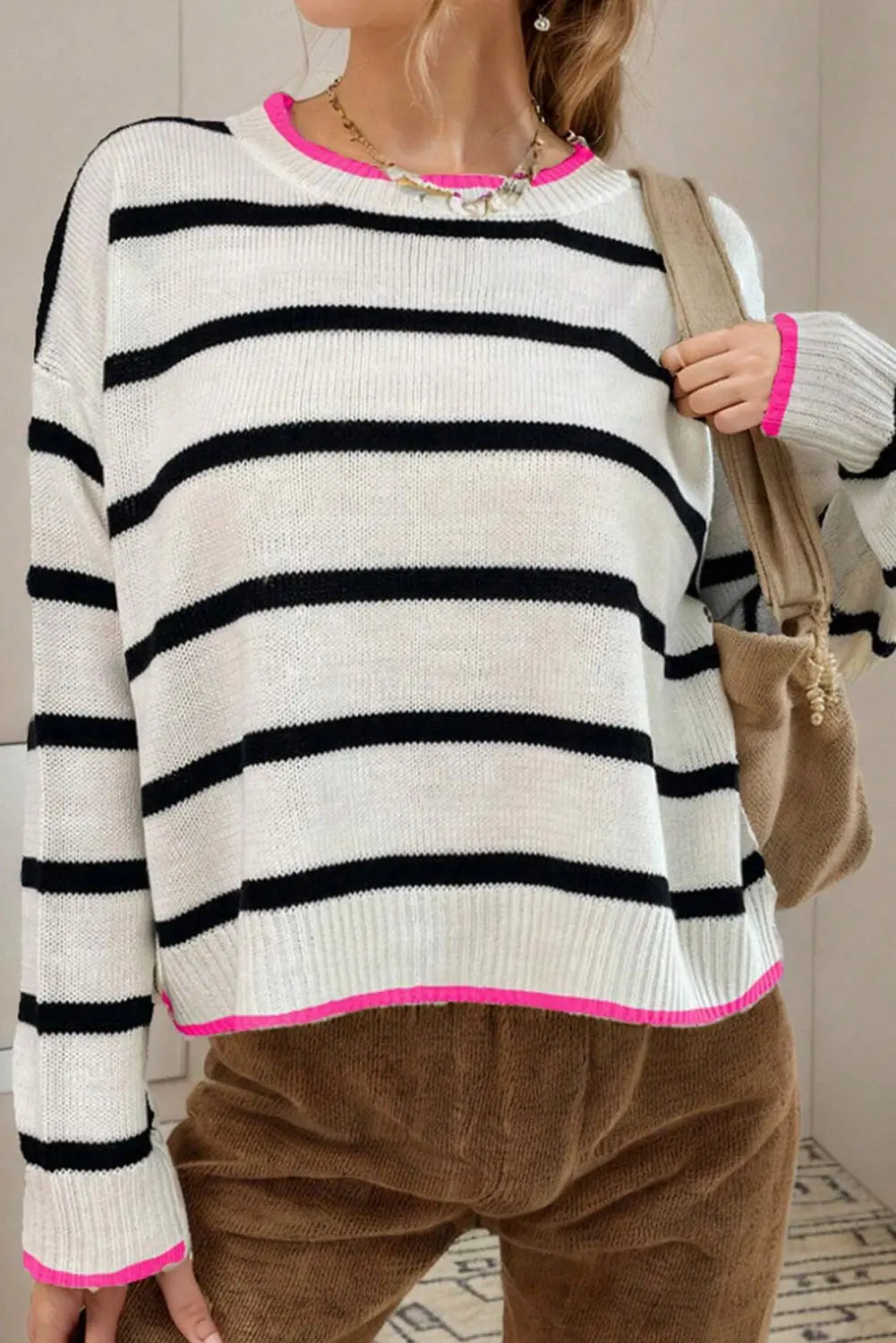 White Stripe Colour Contrast Drop Shoulder Crew Neck Sweater Beagle Boutique Fashion Outlet
