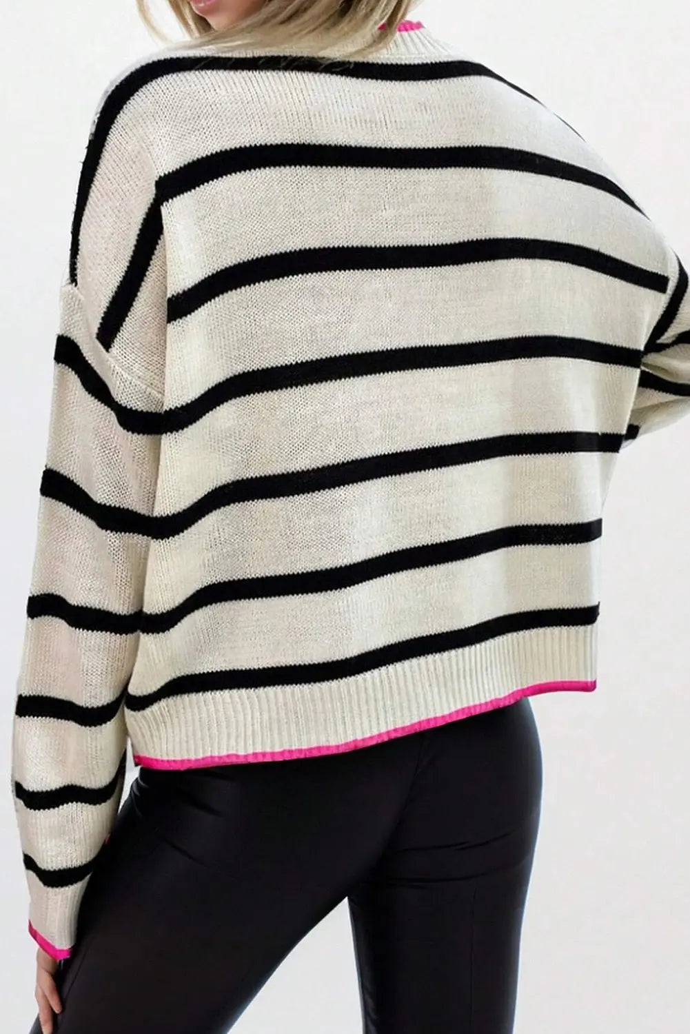 White Stripe Colour Contrast Drop Shoulder Crew Neck Sweater Beagle Boutique Fashion Outlet