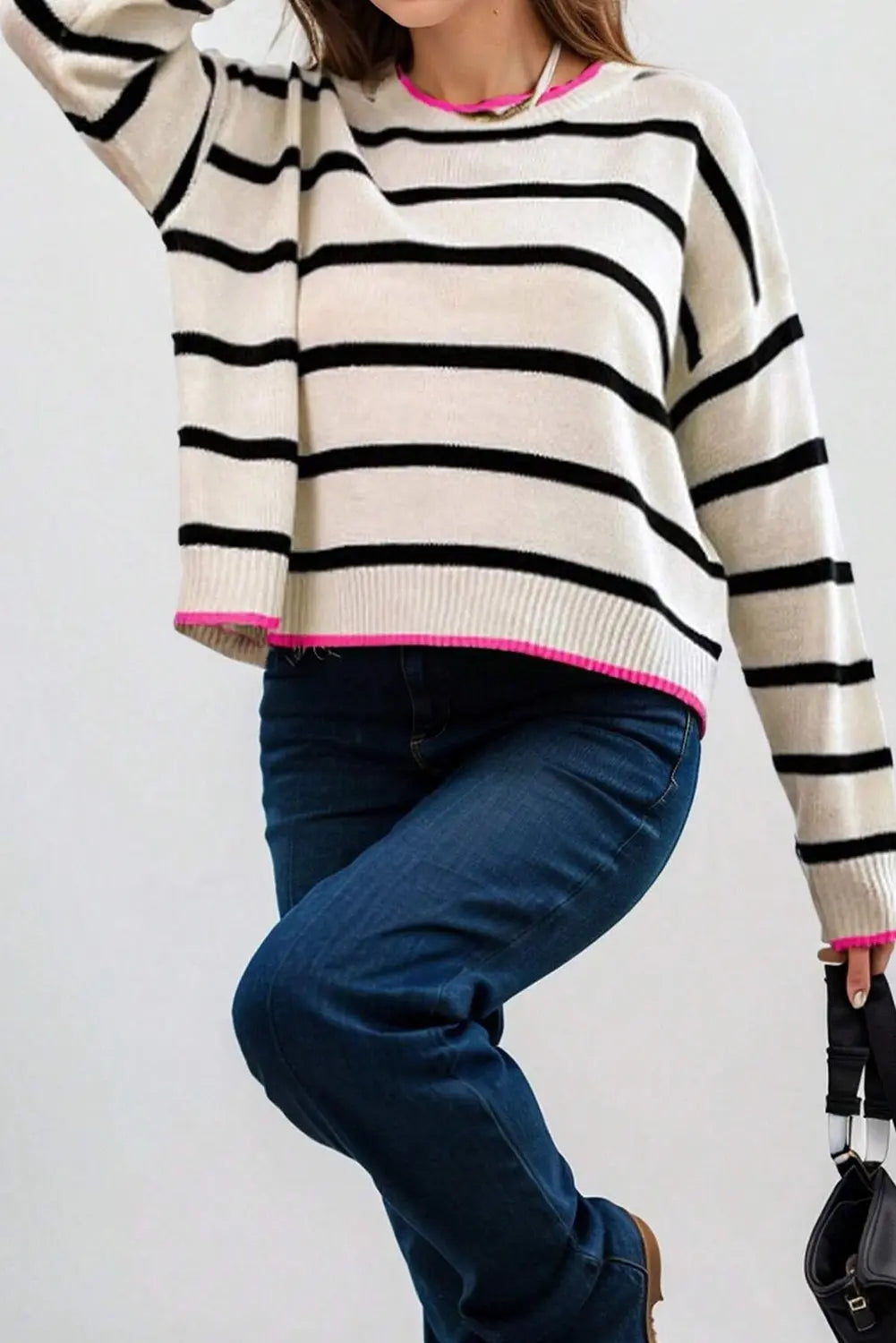 White Stripe Colour Contrast Drop Shoulder Crew Neck Sweater Beagle Boutique Fashion Outlet
