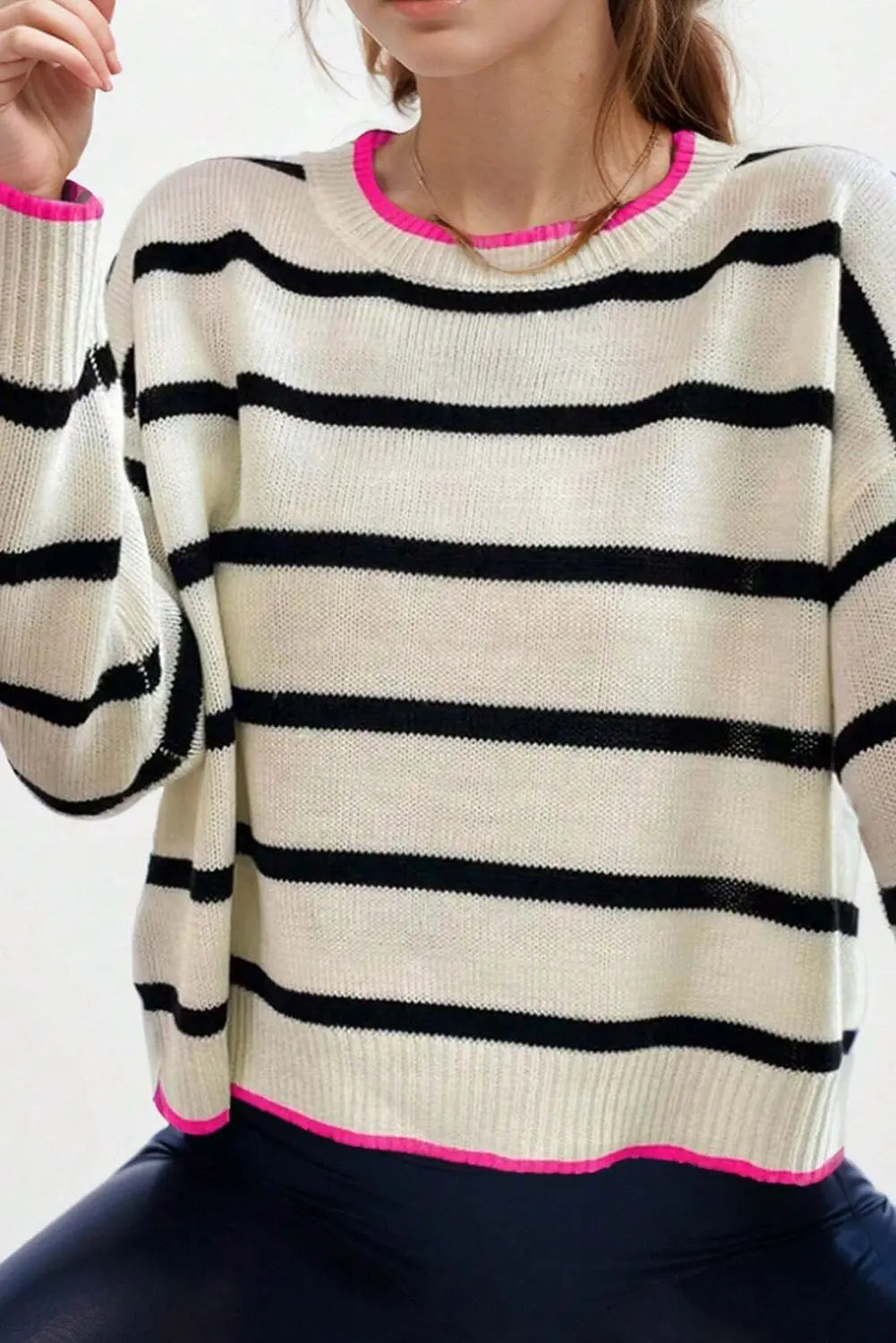 White Stripe Colour Contrast Drop Shoulder Crew Neck Sweater Beagle Boutique Fashion Outlet