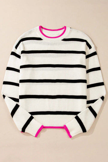 Stripe Contrast Trim Drop Shoulder Sweater - eAura