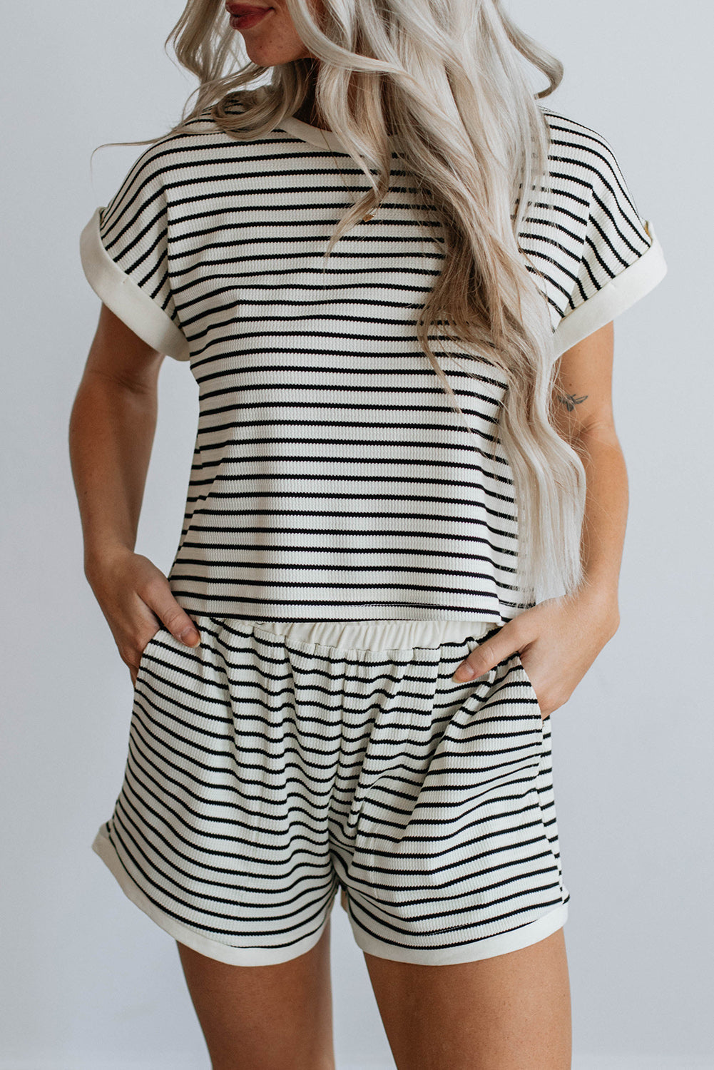 White Stripe Contrast Edge Tee and Shorts Co-ord Set - eAura