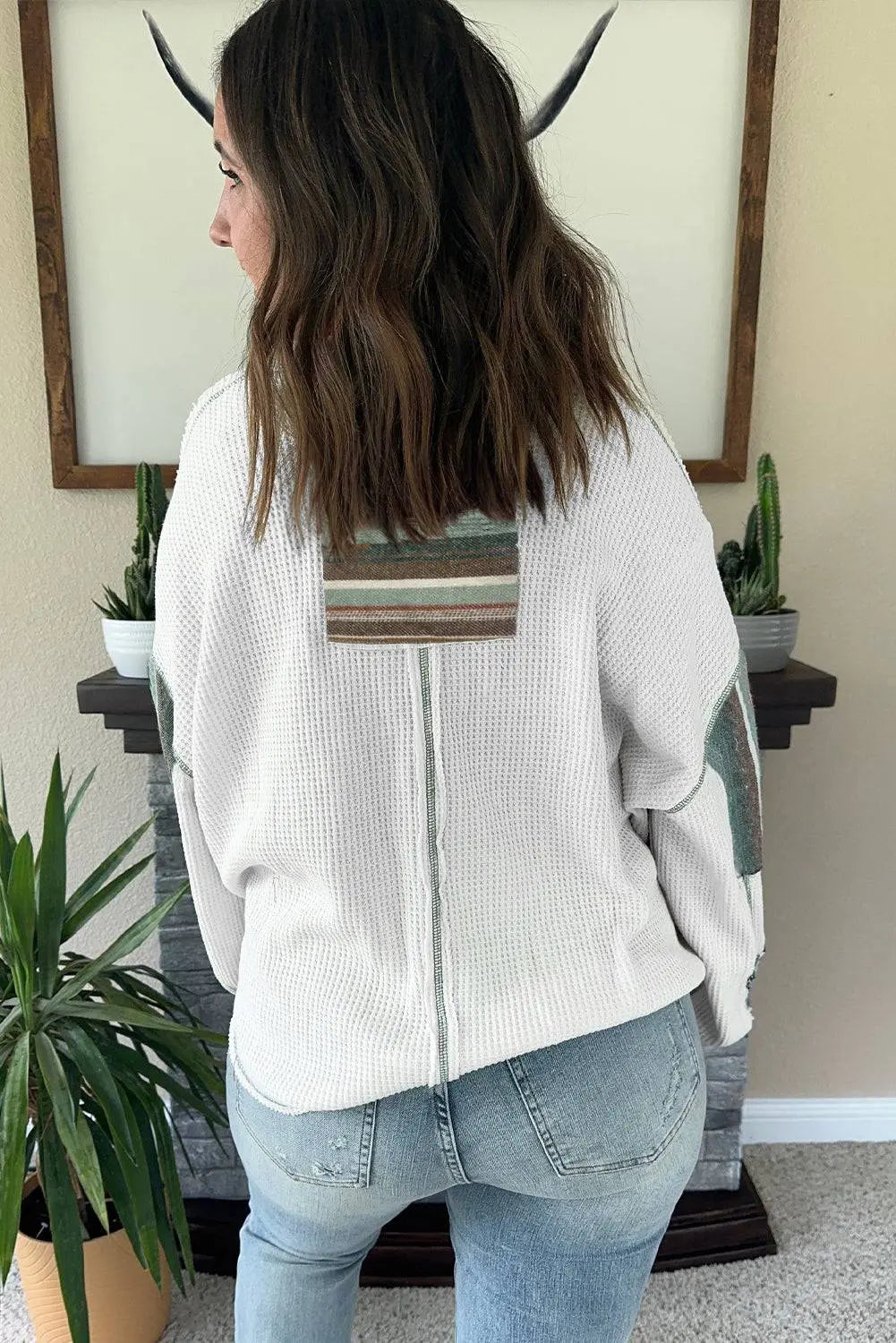 White Striped Patchwork Exposed Seam Waffle Knit Top - BB Fashion Outlet