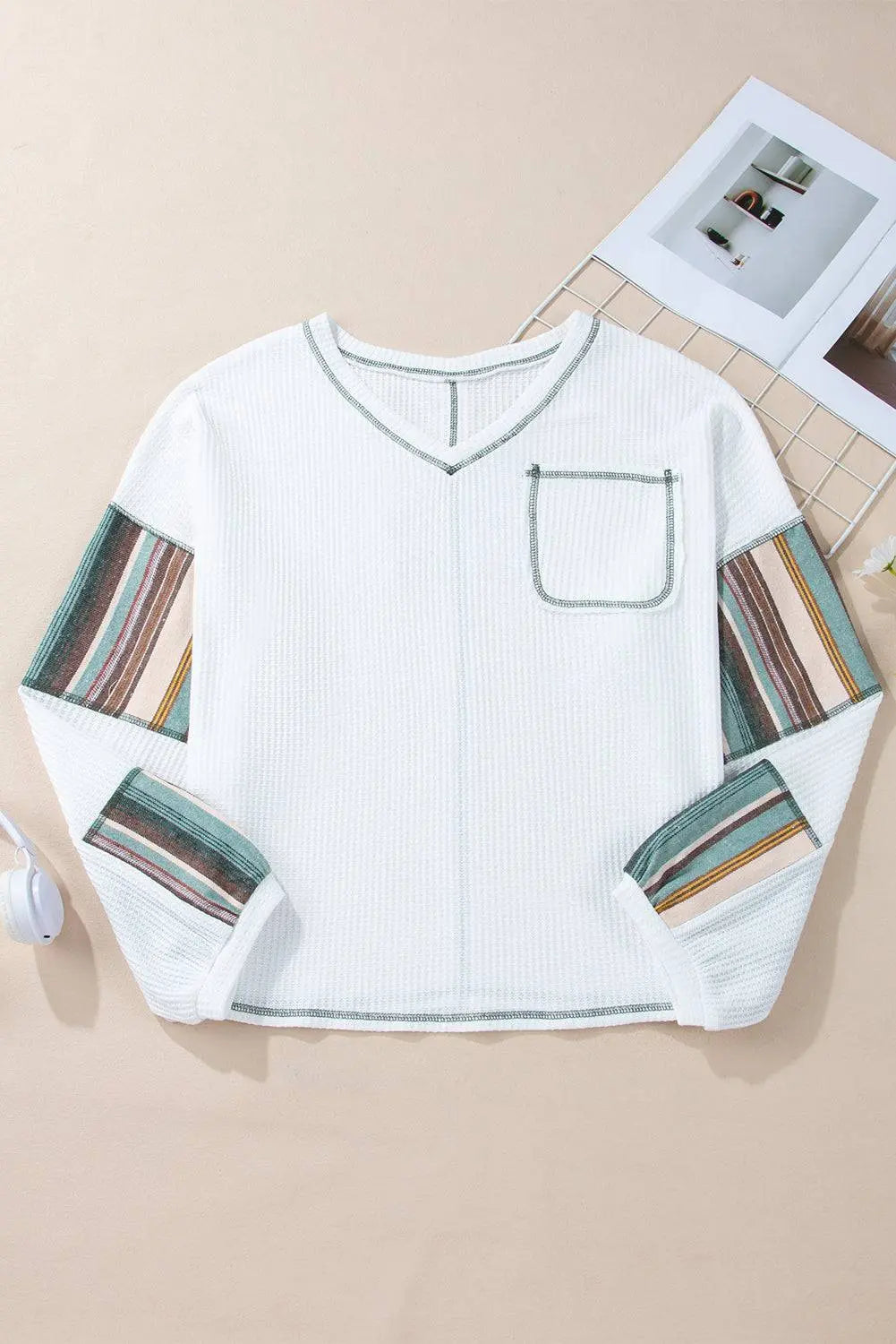 White Striped Patchwork Exposed Seam Waffle Knit Top - BB Fashion Outlet