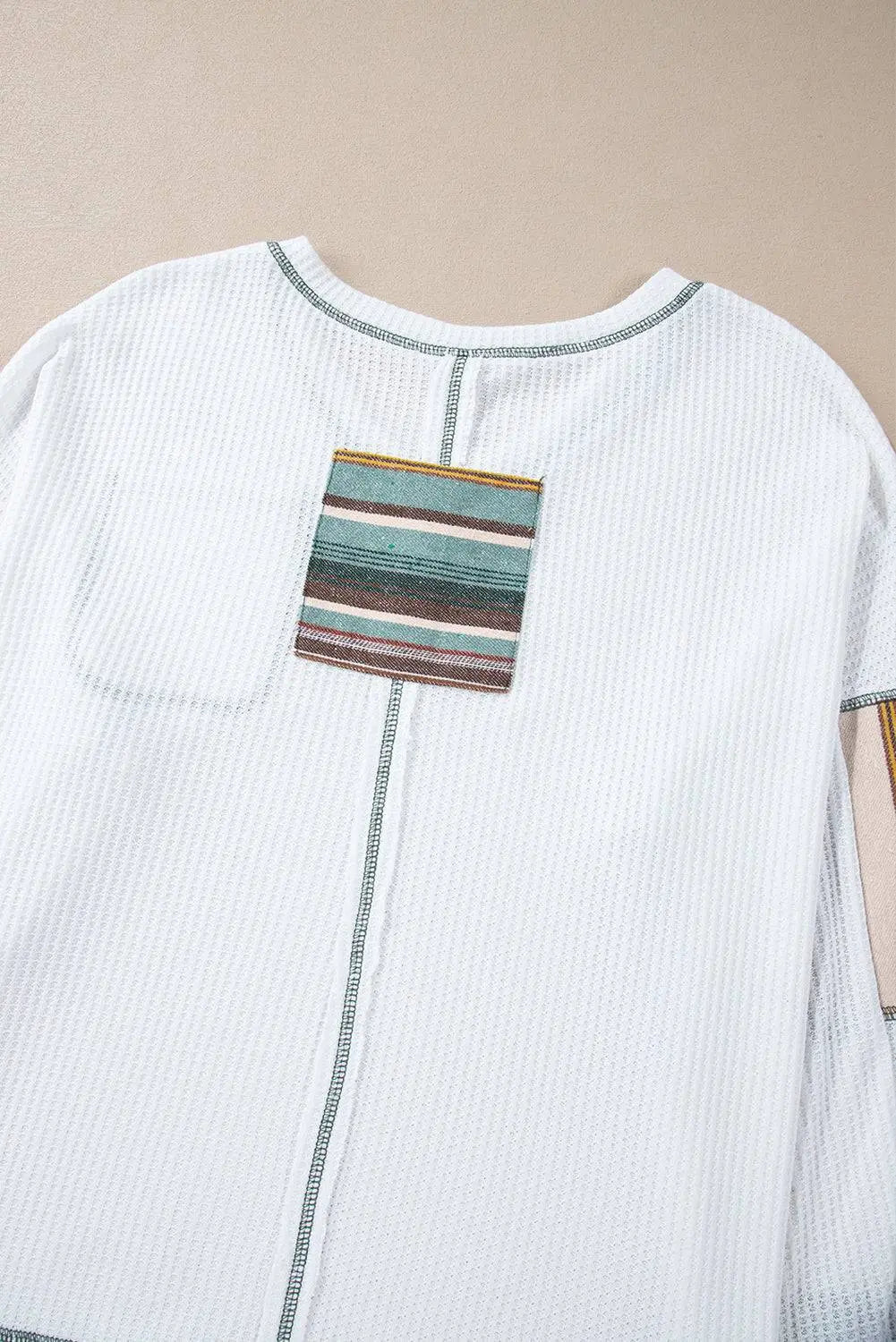 White Striped Patchwork Exposed Seam Waffle Knit Top - BB Fashion Outlet