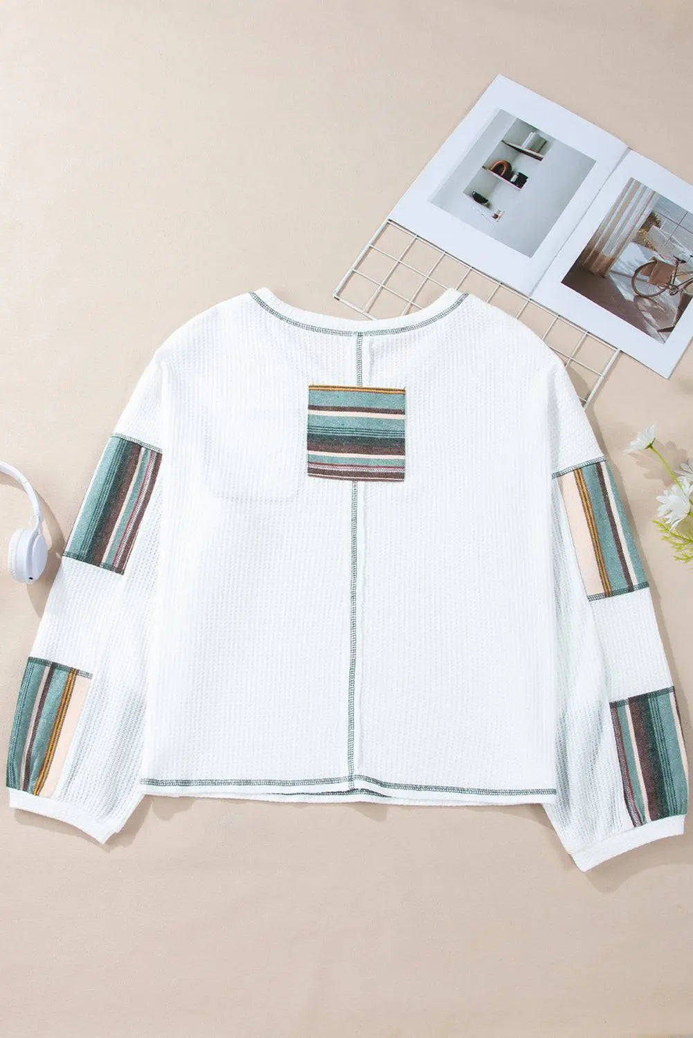 White Striped Patchwork Exposed Seam Waffle Knit Top - BB Fashion Outlet