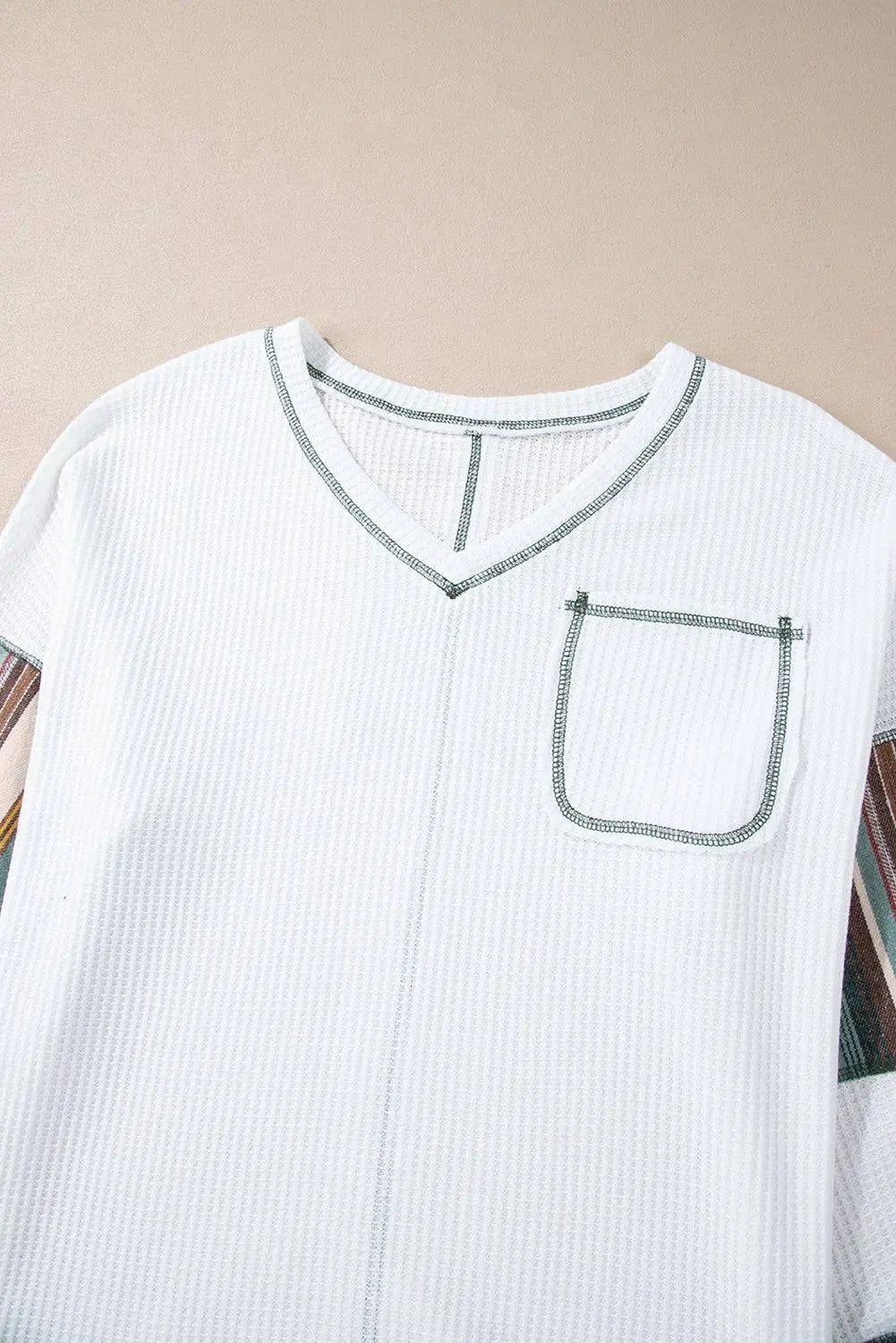 White Striped Patchwork Exposed Seam Waffle Knit Top - BB Fashion Outlet