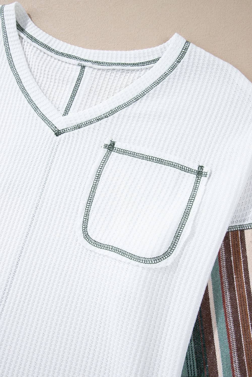 White Striped Patchwork Exposed Seam Waffle Knit Top - BB Fashion Outlet