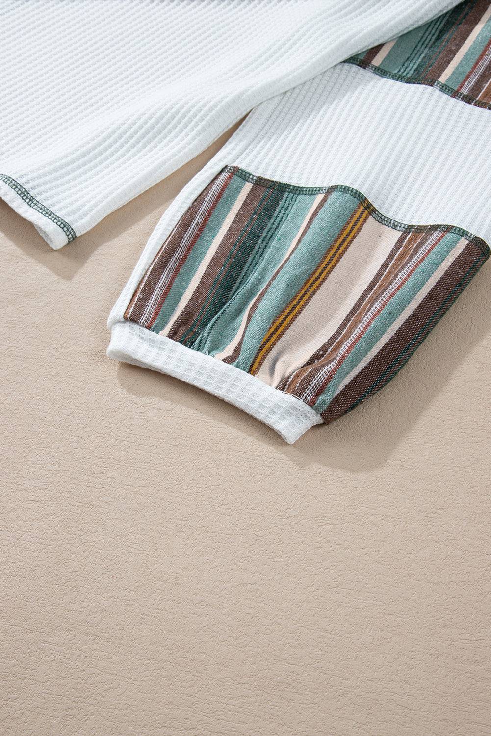 White Striped Patchwork Exposed Seam Waffle Knit Top - BB Fashion Outlet