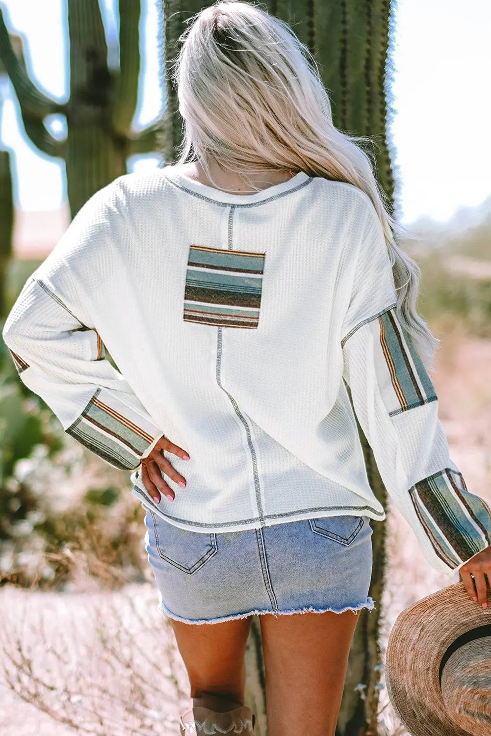 White Striped Patchwork Exposed Seam Waffle Knit Top - BB Fashion Outlet
