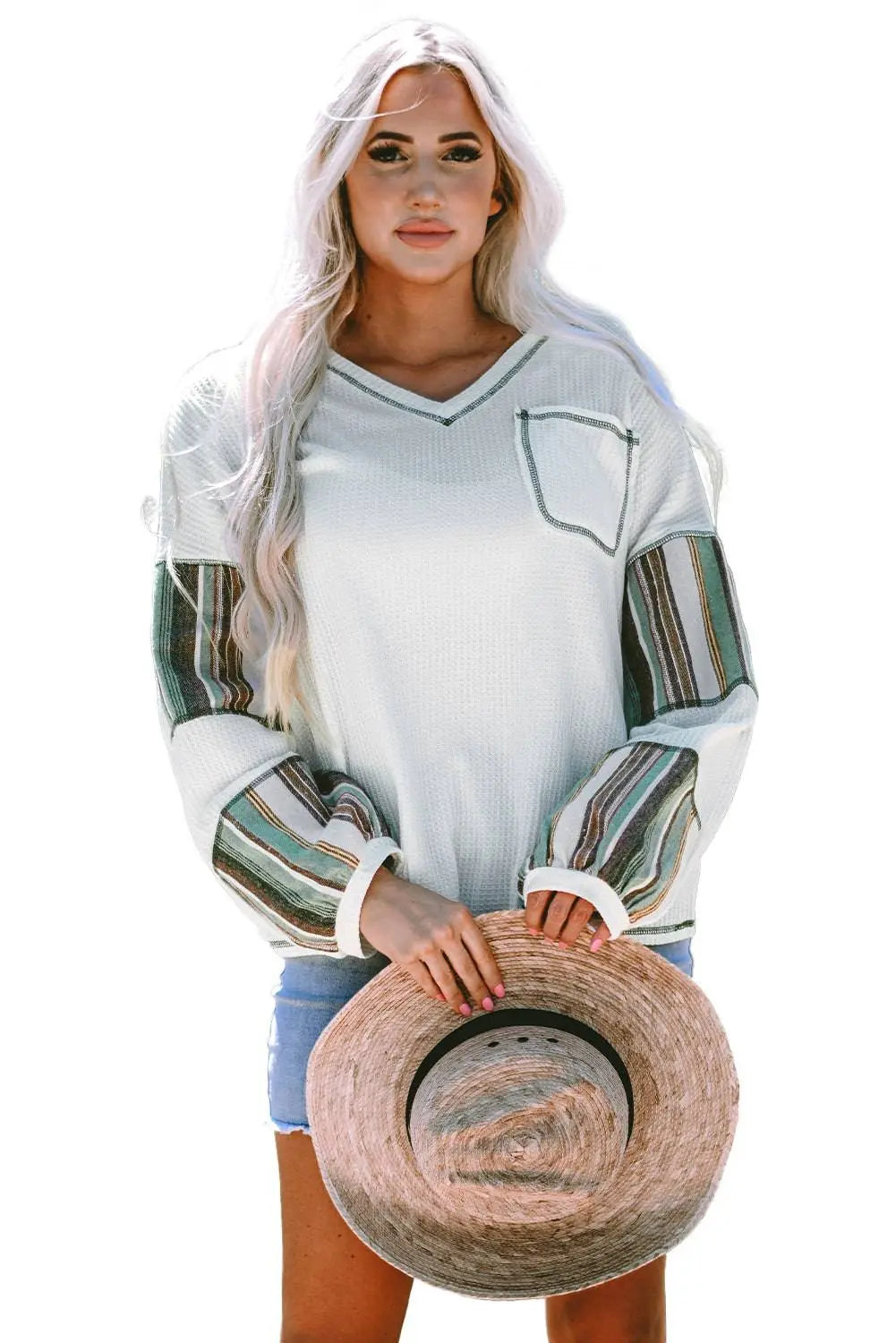 White Striped Patchwork Exposed Seam Waffle Knit Top - BB Fashion Outlet