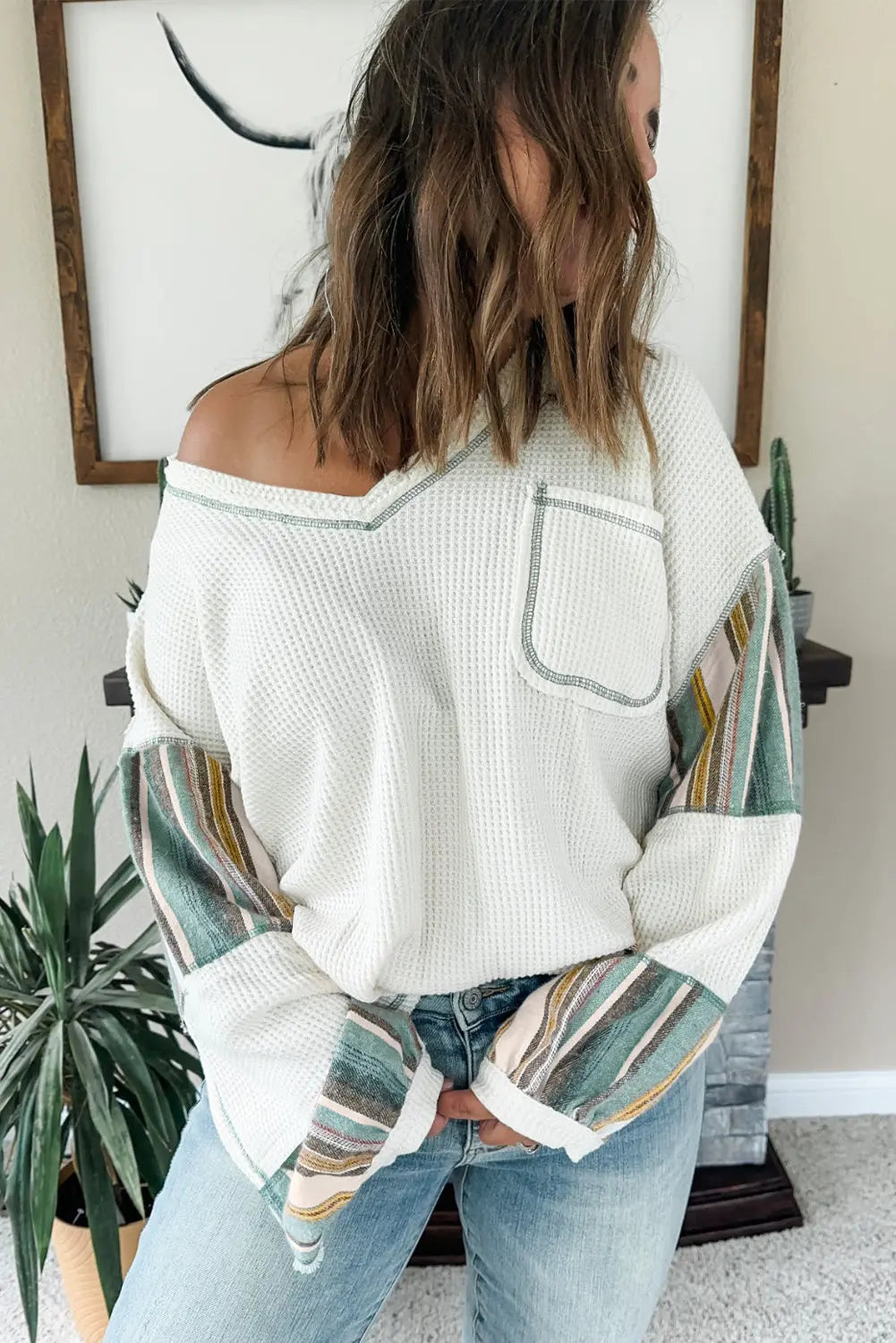 White Striped Patchwork Exposed Seam Waffle Knit Top - eAura