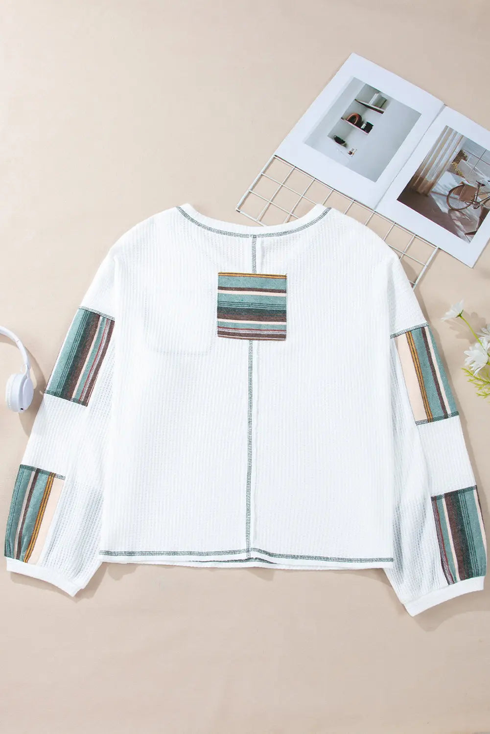 White Striped Patchwork Exposed Seam Waffle Knit Top - eAura
