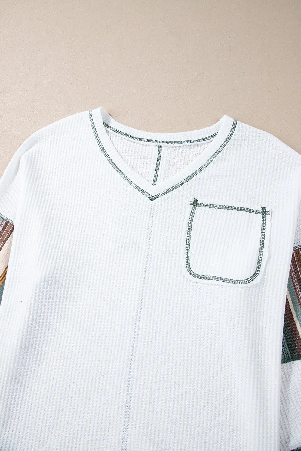 White Striped Patchwork Exposed Seam Waffle Knit Top - eAura