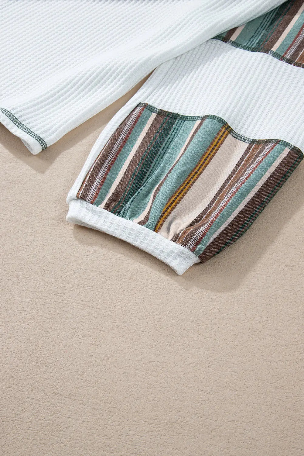 White Striped Patchwork Exposed Seam Waffle Knit Top - eAura