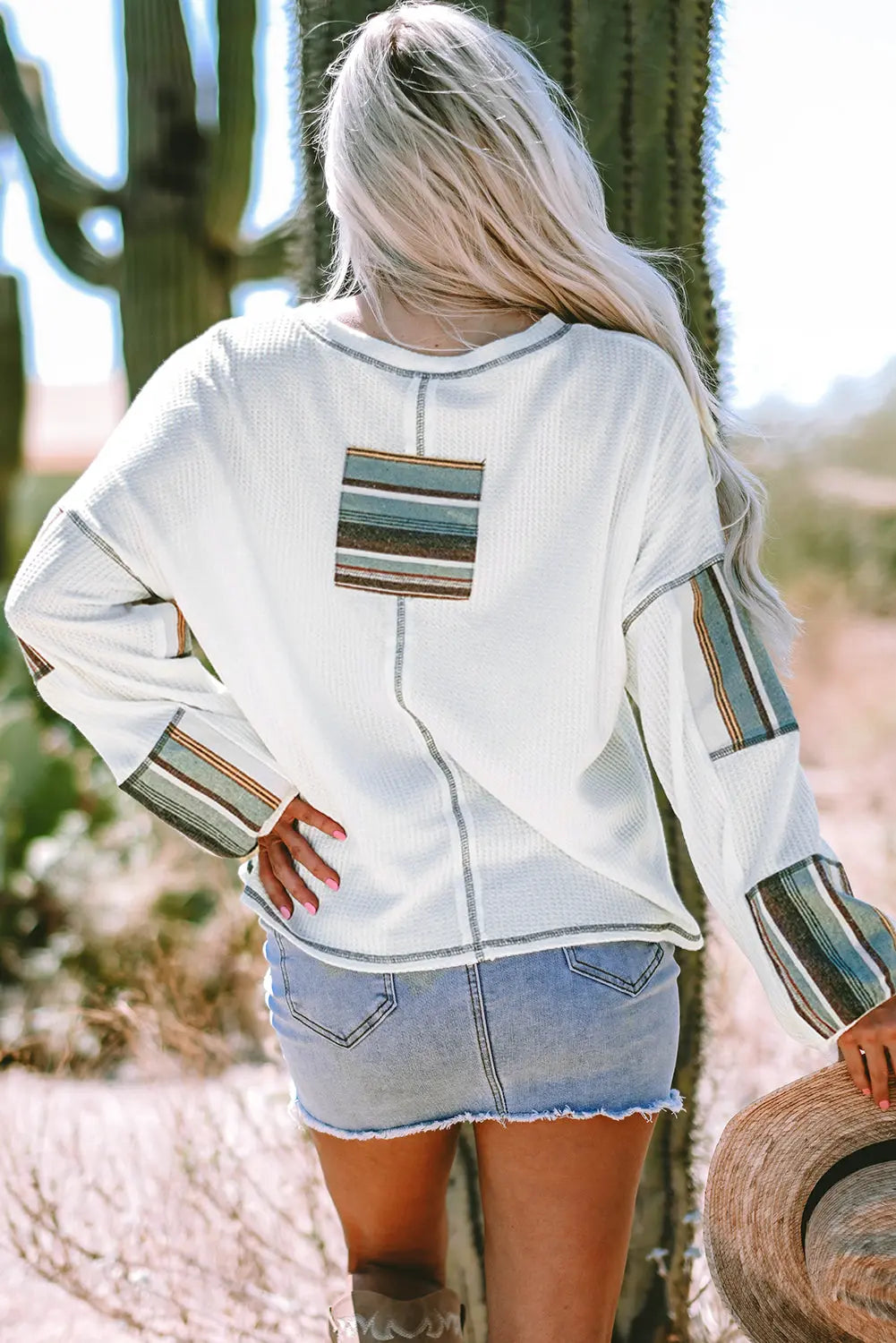 White Striped Patchwork Exposed Seam Waffle Knit Top - eAura