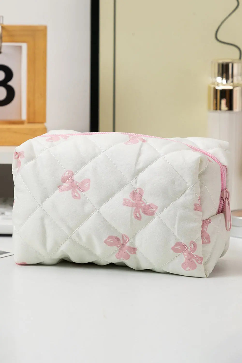 White Sweet Bow Knot Print Quilted Zipper Cosmetic Bag - eAura