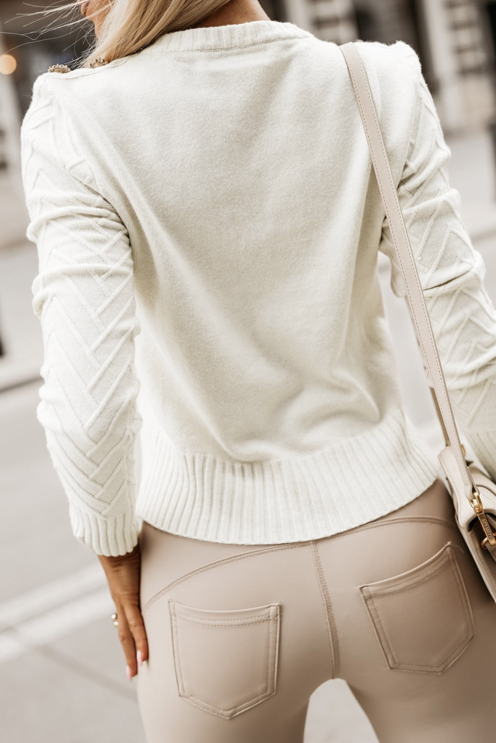 White Textured Knit Button Decor Pullover Sweater - eAura