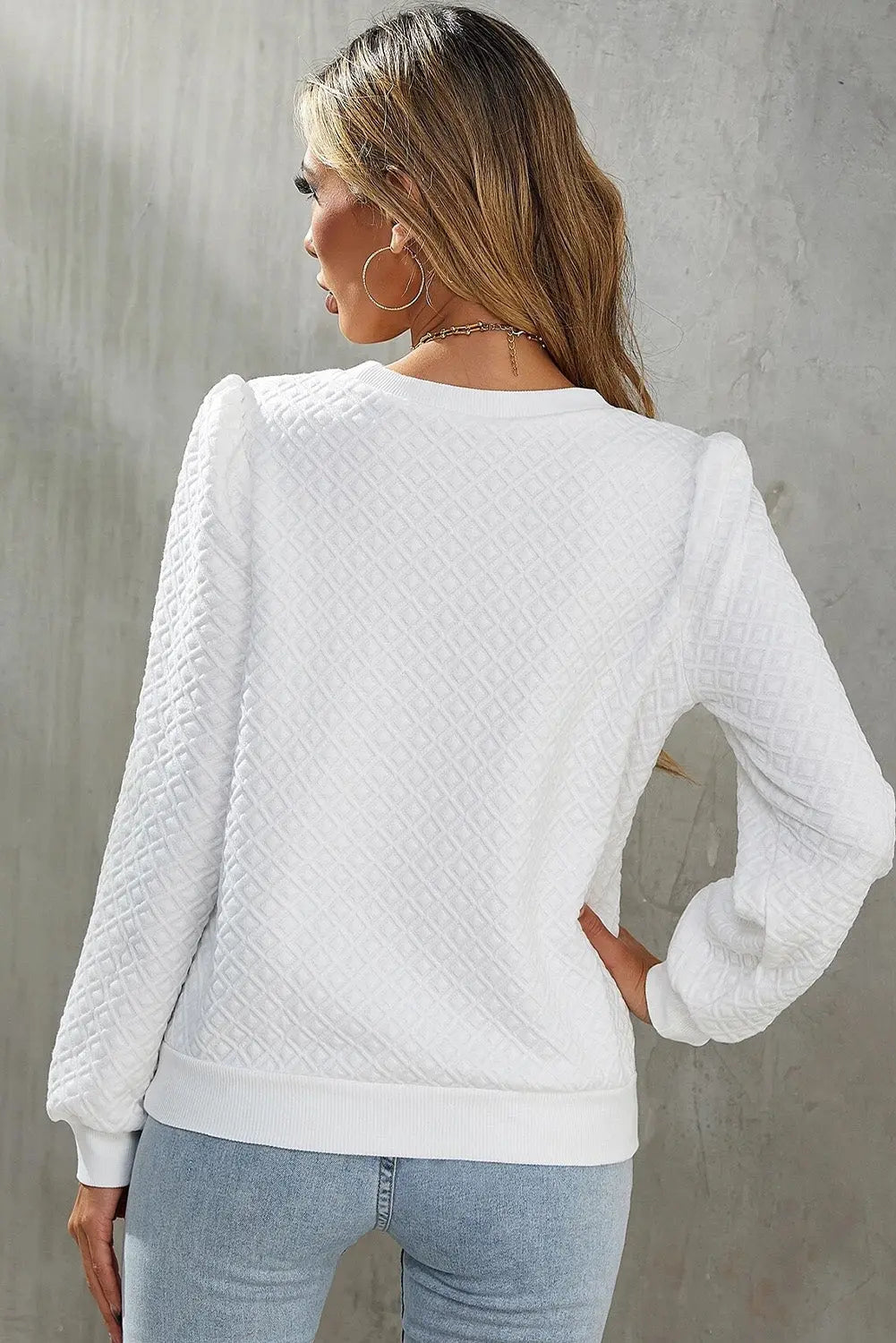 White Textured Puff Long Sleeve Round Neck Top Beagle Boutique Fashion Outlet
