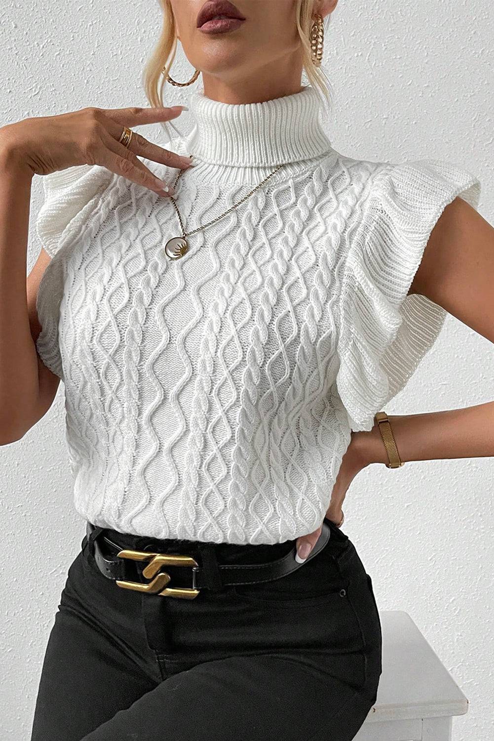 White Turtle Neck Short Sleeve Cable Knit Ruffled Sweater - eAura