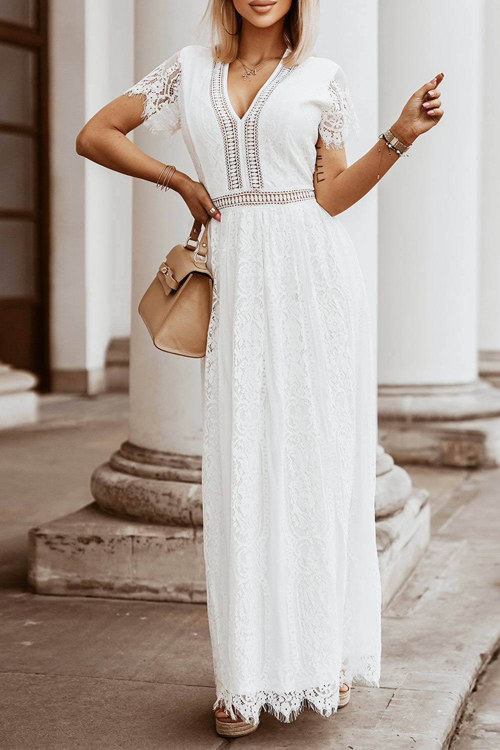 White V Neck High Waist Lace Maxi Dress - WHITE / S / 95% POLYESTER + 5% SPANDEX - Dresses/Maxi Dresses